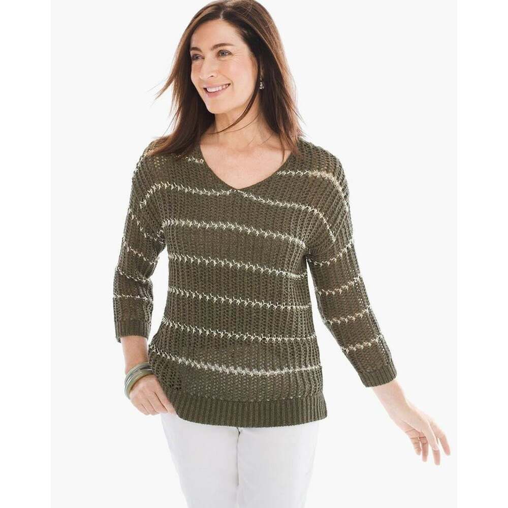 Chico's Women's Green Metallic Stripe Open Knit 3/4 Sleeve Sweater